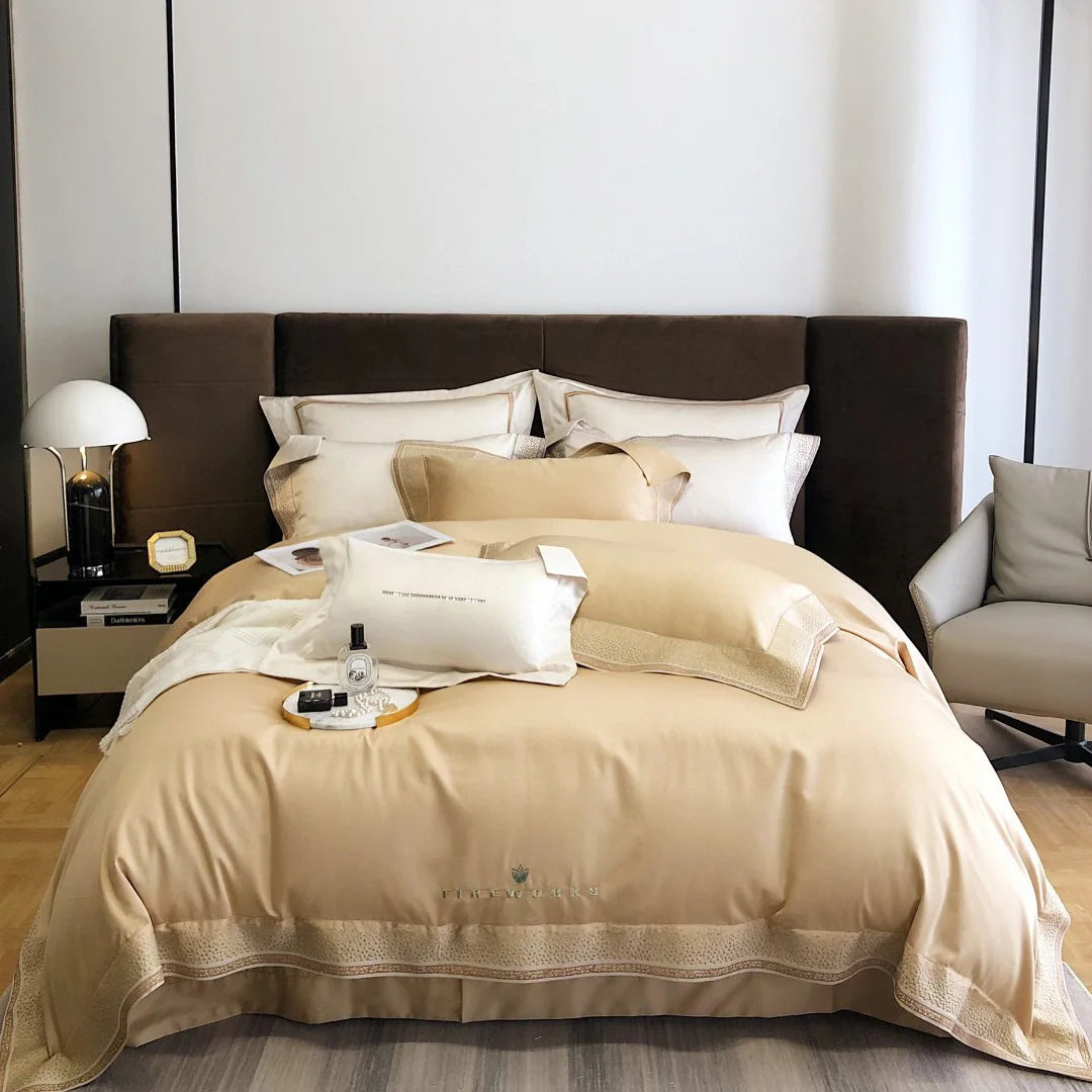 ODM/OEM Luxury 100% Cotton Gold Comforter Cover High End White Embroidery Flat Bed Sheets Home Textile Bedding Set Supplier
