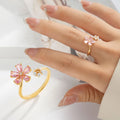 New Handmade Gold Plated Alloy Crafted Finger Ring Glossy Beads Set Premium Colorful Zircon Sakura Flower Open End Ring In-Stock