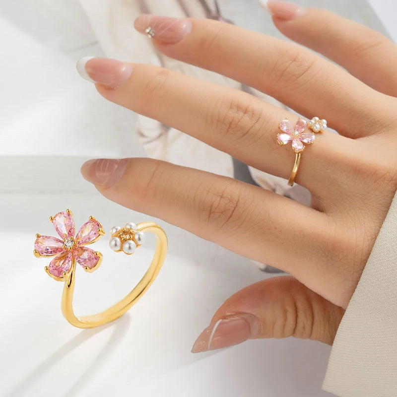 New Handmade Gold Plated Alloy Crafted Finger Ring Glossy Beads Set Premium Colorful Zircon Sakura Flower Open End Ring In-Stock