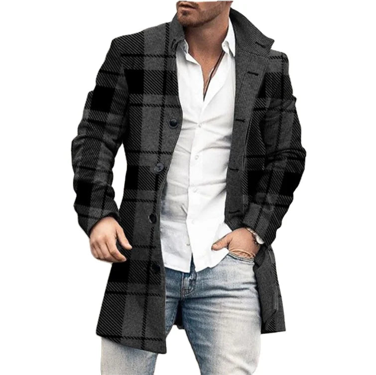 Latest Men's Plaid Trench Coat Single Breasted Top Winter Warm Business Long Jacket Stand Collar 100% Polyester Eco-Friendly