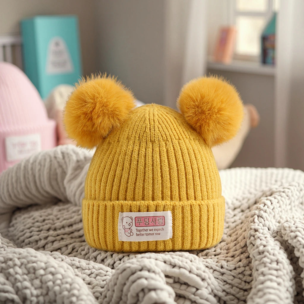Cute Children's Hat Cap Warm Fleece Lining Outdoor Running Fur Ball Kids Baby Beanie Winter Infant Knitted Hat