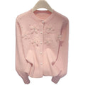 Spring and Autumn Sweet Beaded Flower Knitted Cardigan Casual Crew Neck Knitted Sweater Coat Knitted Cardigan for Women