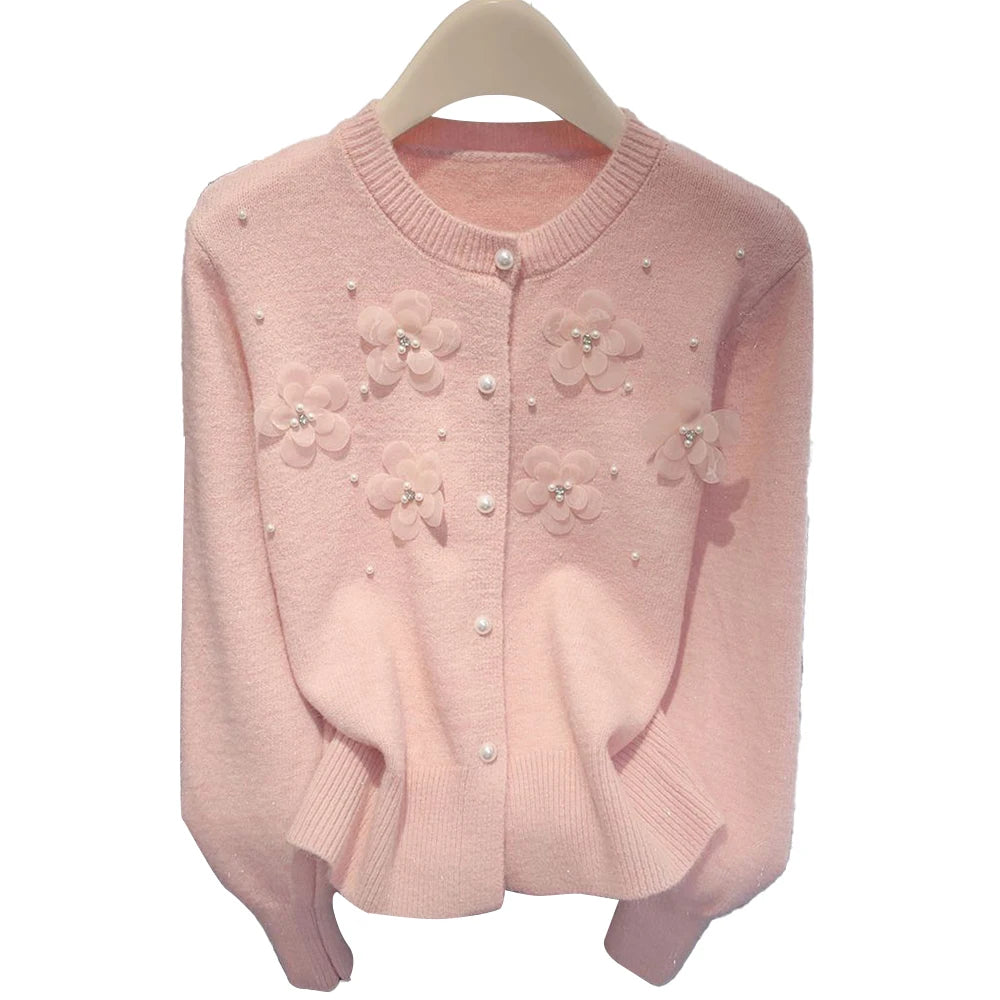 Spring and Autumn Sweet Beaded Flower Knitted Cardigan Casual Crew Neck Knitted Sweater Coat Knitted Cardigan for Women