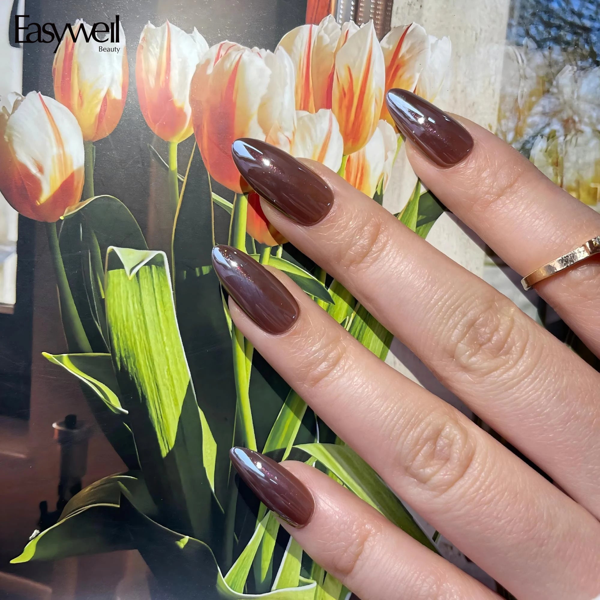 Easywell 30pcs Brown Almond Luxury Handmade Press on Nails Wholesale Reusable Solid Salon-Quality Fake Nails with Custom Label