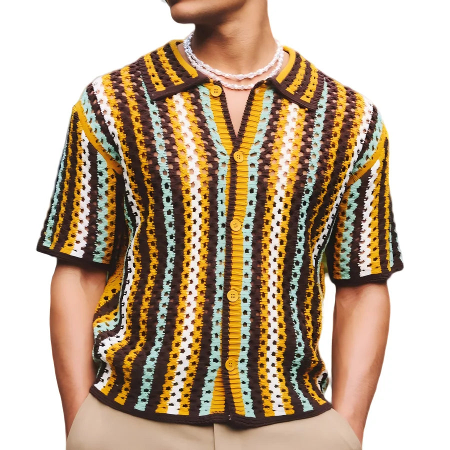 Custom Design logo Short Sleeve Summer Mesh Cotton Polo T-shirt Oversized Boxy Open Knitted Stripe Crochet Shirt