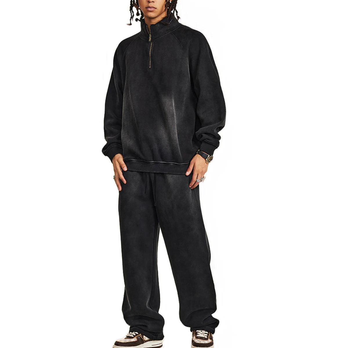 Men Half Zipper Sweatshirt Sweats Pants Tracksuit Custom Quarter Zip up Acid Wash Vintage Distressed Hoodie and Sweatpants Set