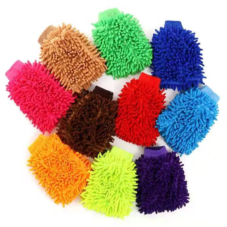 Custom Logo Microfiber Chenille Car Detailing Mitt Solid Pattern Auto Wash Gloves