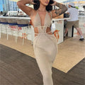 High Quality Summer Sleeveless Halter Solid Color Hollow Out Knitted Dress Women Sexy Backless Vacation Beach Long Dresses