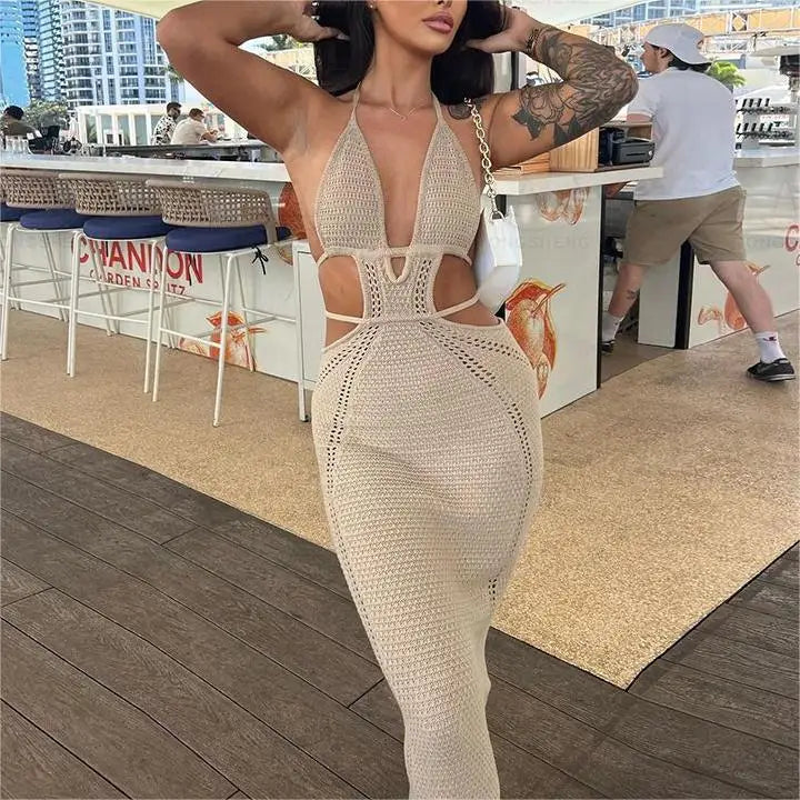 High Quality Summer Sleeveless Halter Solid Color Hollow Out Knitted Dress Women Sexy Backless Vacation Beach Long Dresses