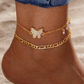 VKME 2Pcs/Set Gold Color Chain Rhinestone Butterfly Anklet Set