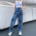 Loose High-waisted Butterfly Printed Straight Ladies Jeans Pants
