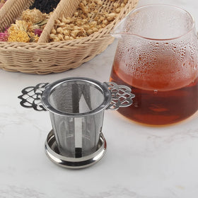 Professional Double-Winged Handles Tea Strainer Infuser With Drip Tray Hanging on Teapots Mugs