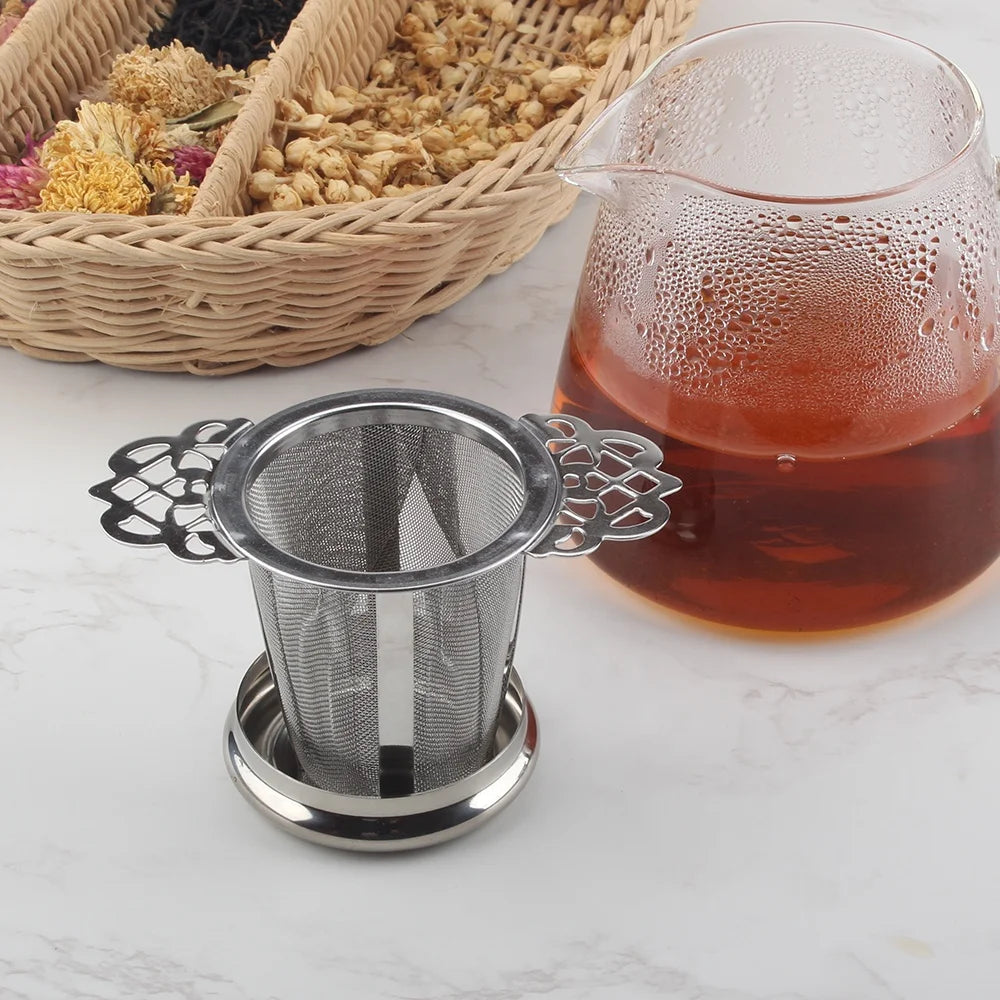 Professional Double-Winged Handles Tea Strainer Infuser With Drip Tray Hanging on Teapots Mugs