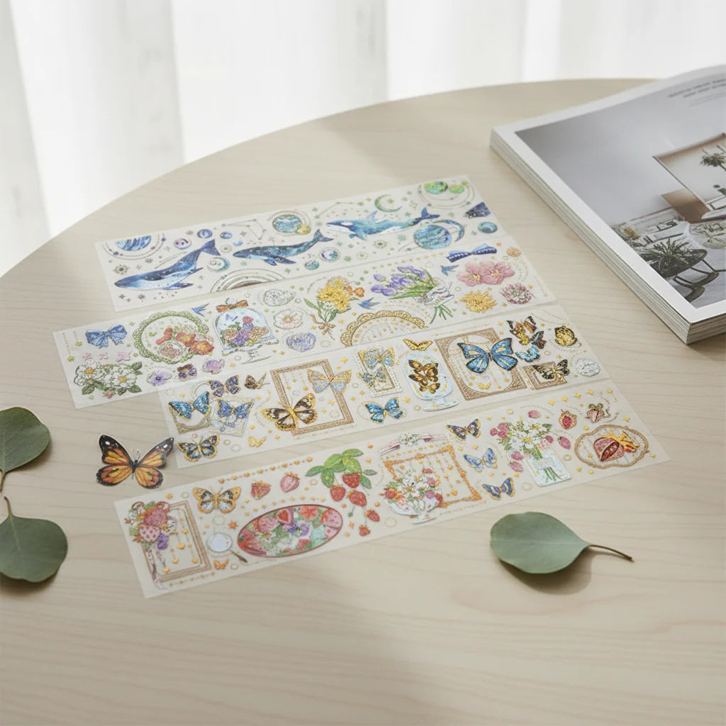 Protection Hot Stamping CMYK Color Waterproof Floral Pattern Clear PET Tape Sticker Printing Sheet Strong Adhesive