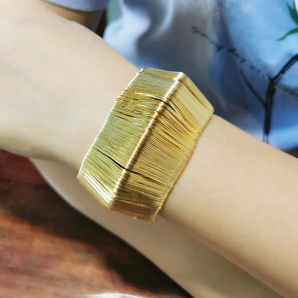 Newest Unique Design Indian Style Jewelry Gold Plated Metal Wire Weave Cuff Bracelets Statement Handmade Bangle Accessory Charms