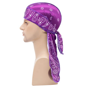Low MOQ Paisley Print Bonnet Hat Wholesale Custom Logo Extra Long-Tail Head Wraps Hat Luxury Satin Durags for Man