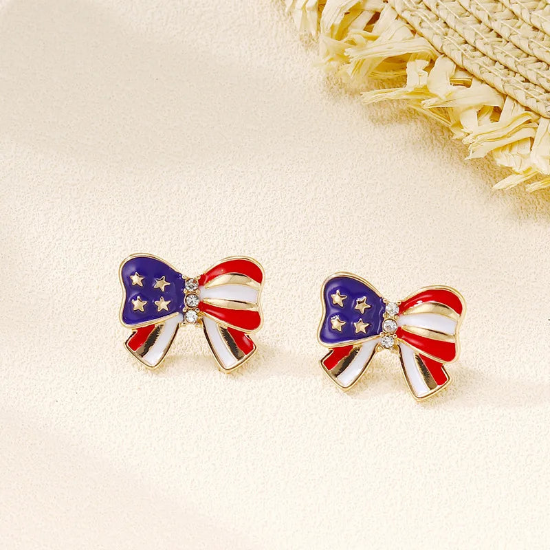 Chic American Flag Bow Stud Earrings - Rhinestone Accents 4th of July Ribbon Bow Bowknot Tie Patriotic Stud Earring