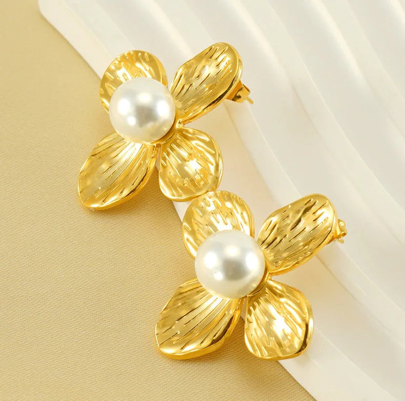 Fashion Trendy Boho Stainless Steel Gold Plate Flower Petal Earrings Abs Pearl Bead Stud Earring Jewelry for Women