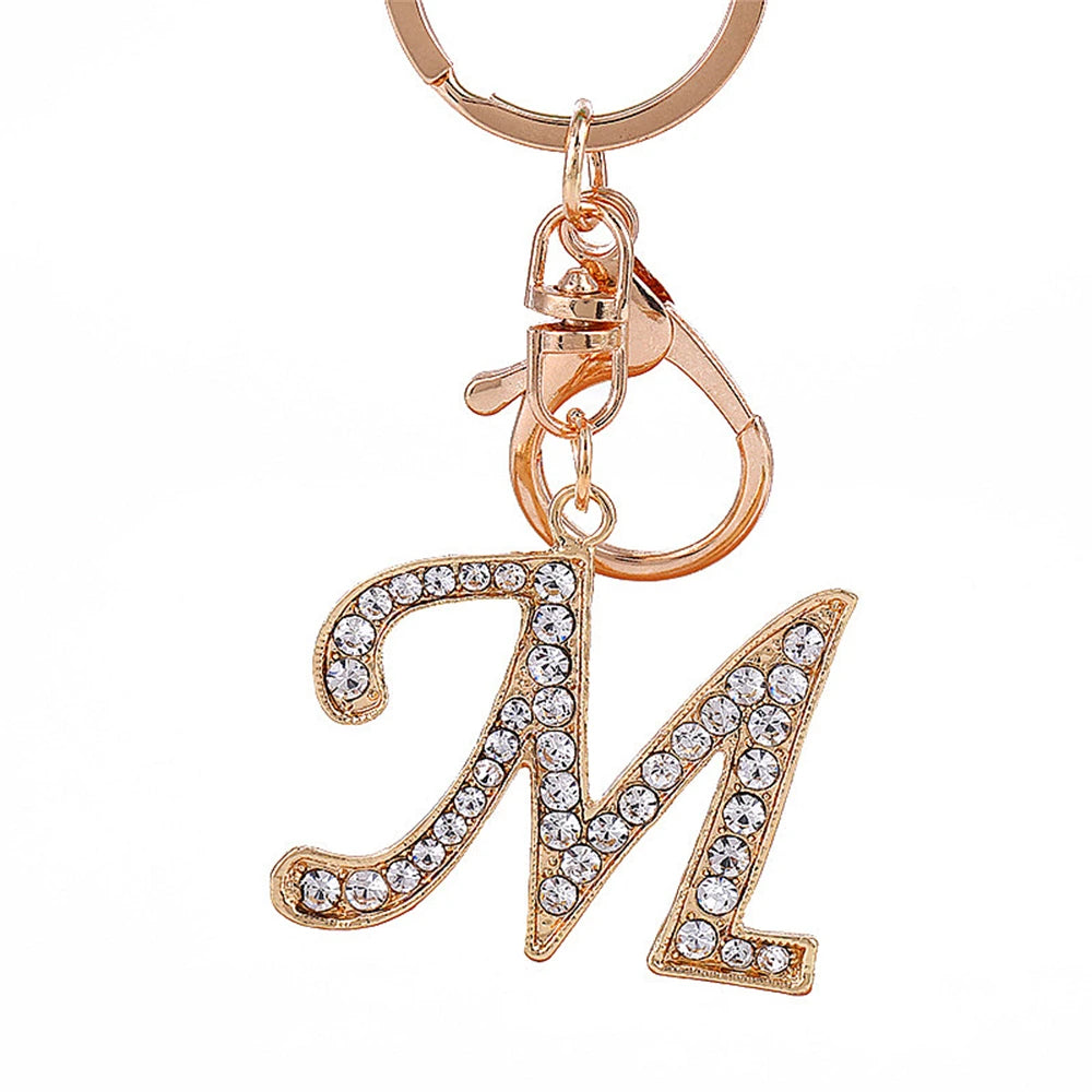 New 26 Initial Letter Crystal Rhinestone Alloy Keychain Charm Gold Key Ring Women Car Key Holder Bag Ornaments Accessories Gift
