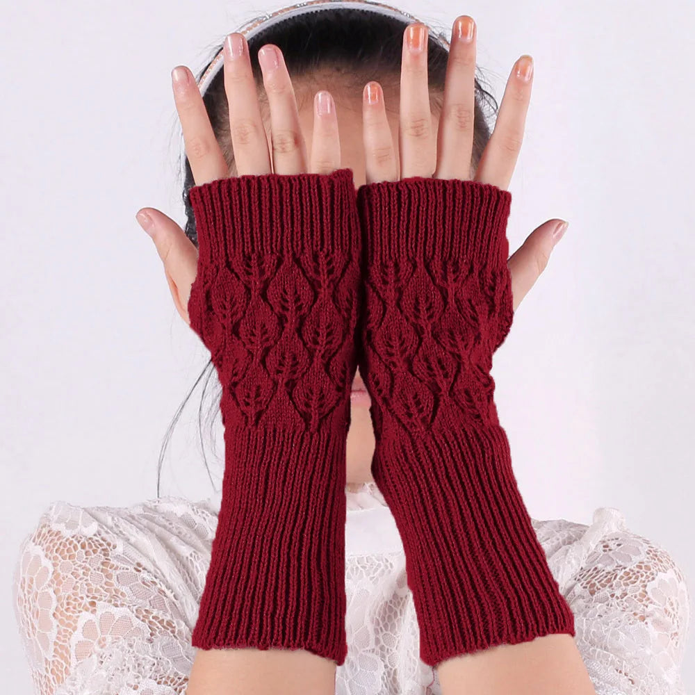 Cross-border Wholesales Long Hollow-out Gloves with Fingerless Red White Black and Gray  Hollow-out Leaf Design for Women