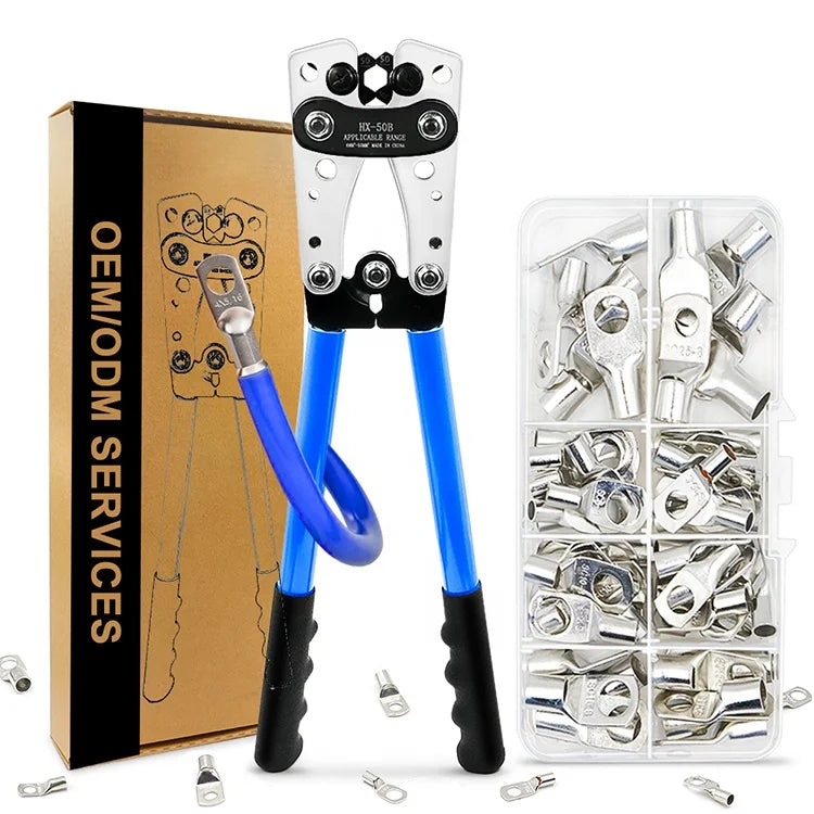 HX-50B AWG10-1/0 Heavy Duty Non-insulated Battery SC 60PCS Set Cable Wire Lug Terminals Connector Crimping Hand Tool Pliers Kit