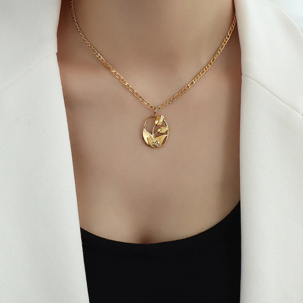 New Fashion Unique Design Cool Classic Stainless Steel Flower Tulip Pendant Women Chokers Necklace P1095