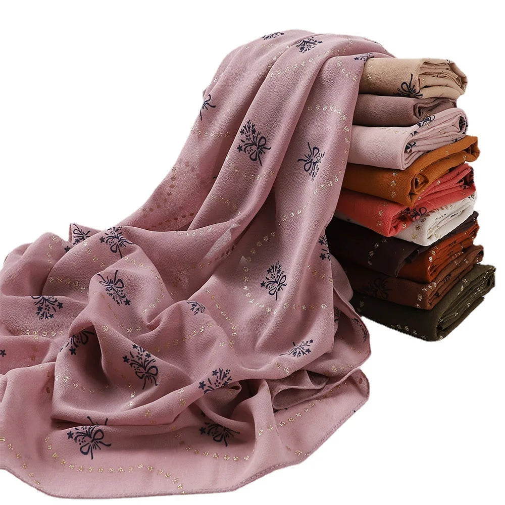 2026new Pearl Chiffon Printing Bronzing Yarn Scarf Muslim Wrap Headscarf Wholesale Can Be Customized logo