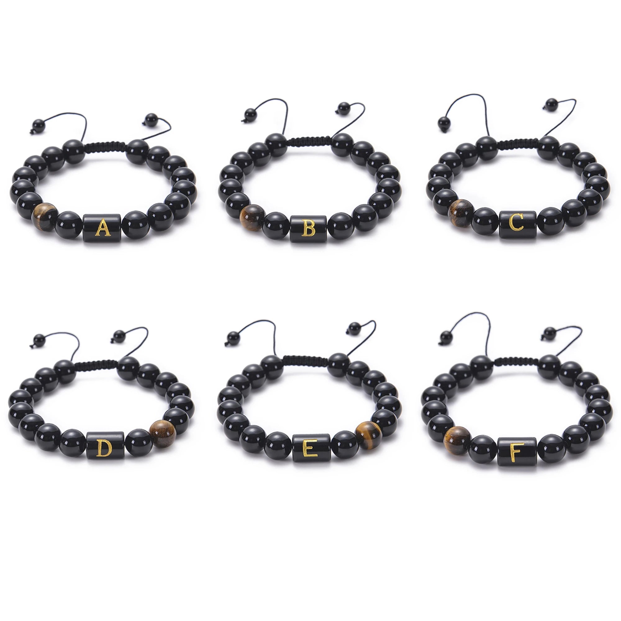 Initials Bracelets for Men 26 Letter Link Handmade Black Obsidian Tiger Eye Stone Beads Braided Rope Meaningful Bracelet