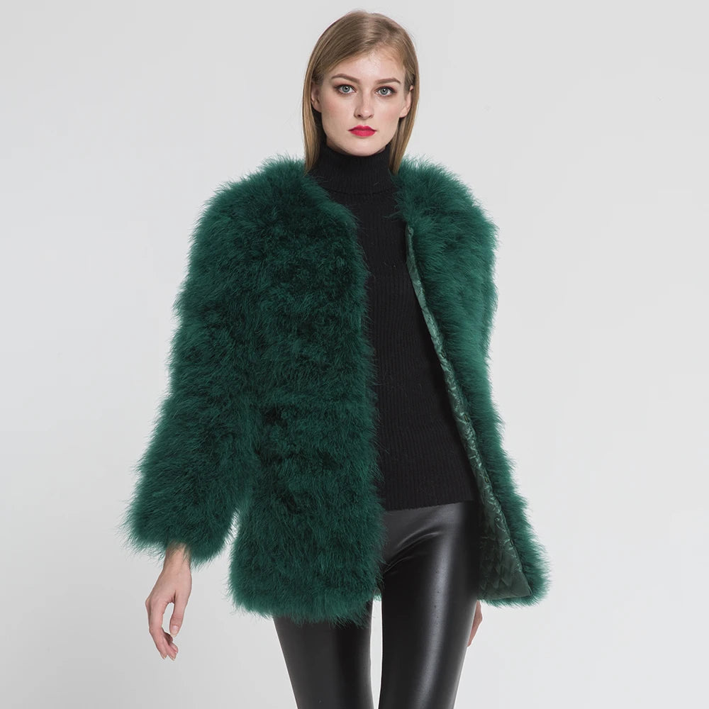 Winter Fluffy Turkey Feather Coat Women Windproof Fashion Ostrich Feather Fur Coat