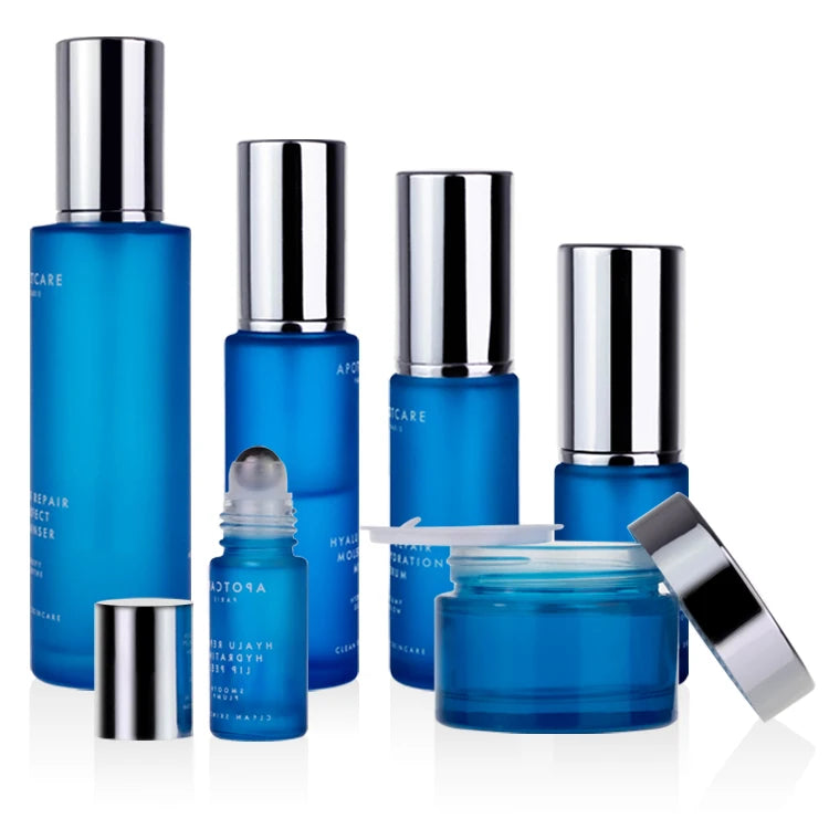 Skincare Packaging Set Blue Factory Stocks Cheap Glass Jars  for  Day Cream Blue Chewing Gum Bottle 100ml 50ml 30ml Bottle