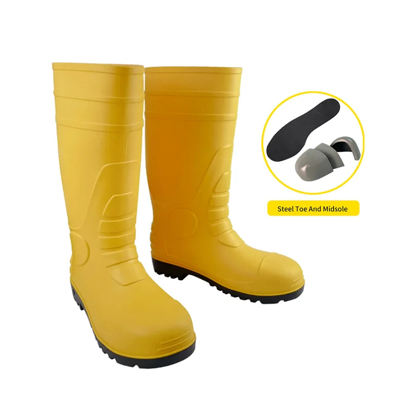 CE S5 Yellow Steel Toe PVC Safety Rain Boots Mining Coal Working Impact Penetration Resistant Knee-high Wellington Rain Gumboots MegaBDM