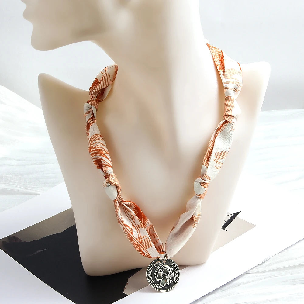 Bohemian Vacation Style Different Alloy Pendant Adjustable Ribbon Short Necklace Silk Scarf Necklace