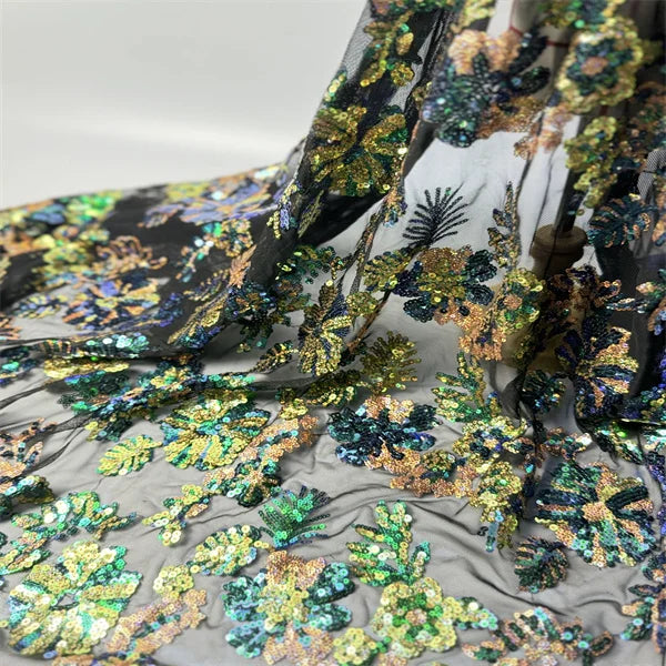 Hot Sales for Amazon Colorful Computer Embroidery Lace Fabric 100% Polyester Mesh Sequin Design for Women's Evening Wedding Dres