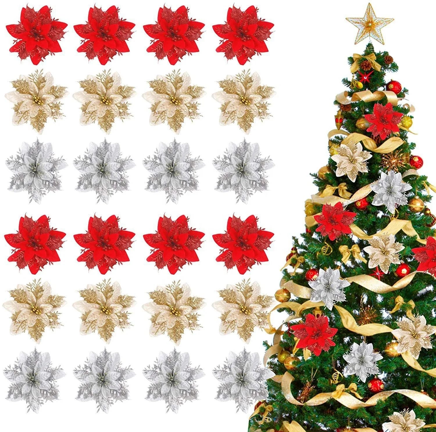 Wholesale Gold Powder Christmas Flowers 15cm Christmas Tree Decorative Flower Accessories Christmas Ornaments