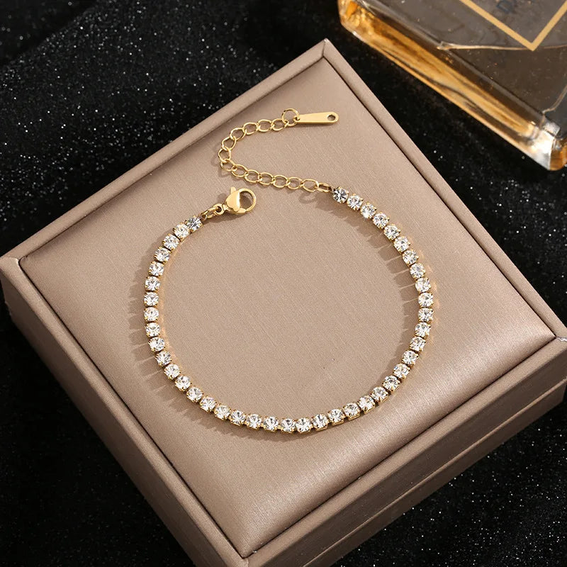 Wholesale Women Jewelry 18K Gold Plated Stainless Steel Crystal Zircon CZ Tennis Bracelet