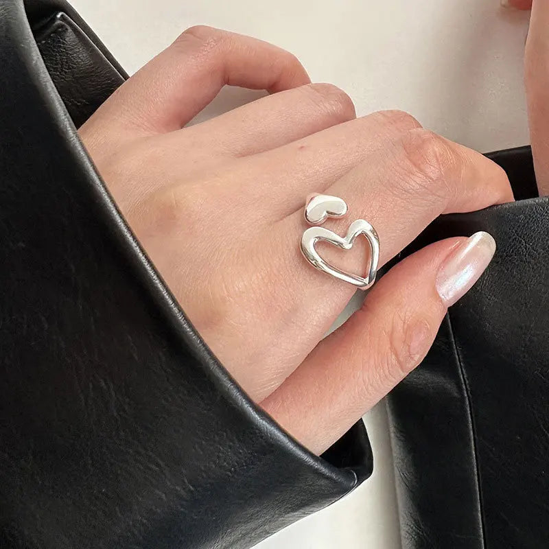 Korean Simple INS Fashion Pure 925 Sterling Silver Hollow Heart Shape Finger Rings for Women Girls Jewelry