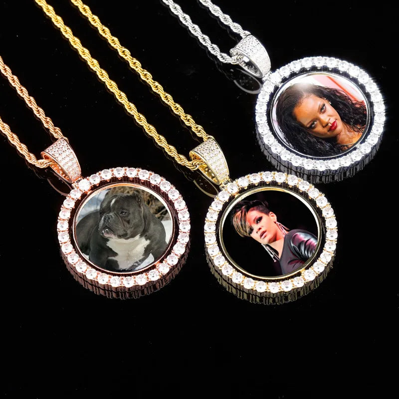Hip Hop Custom Rotating Photo Frame Pendant Iced Out Zircon Double Side Photo Memory Medal Pendant Necklace Jewelry
