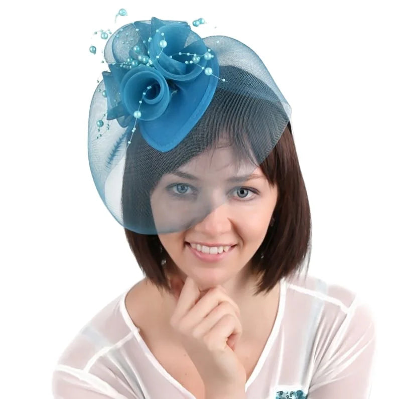 Light Blue Bridal Beads Mesh Fascinator With Head Flower Hair Accessories for Horse Racing Festival New Style Headdress