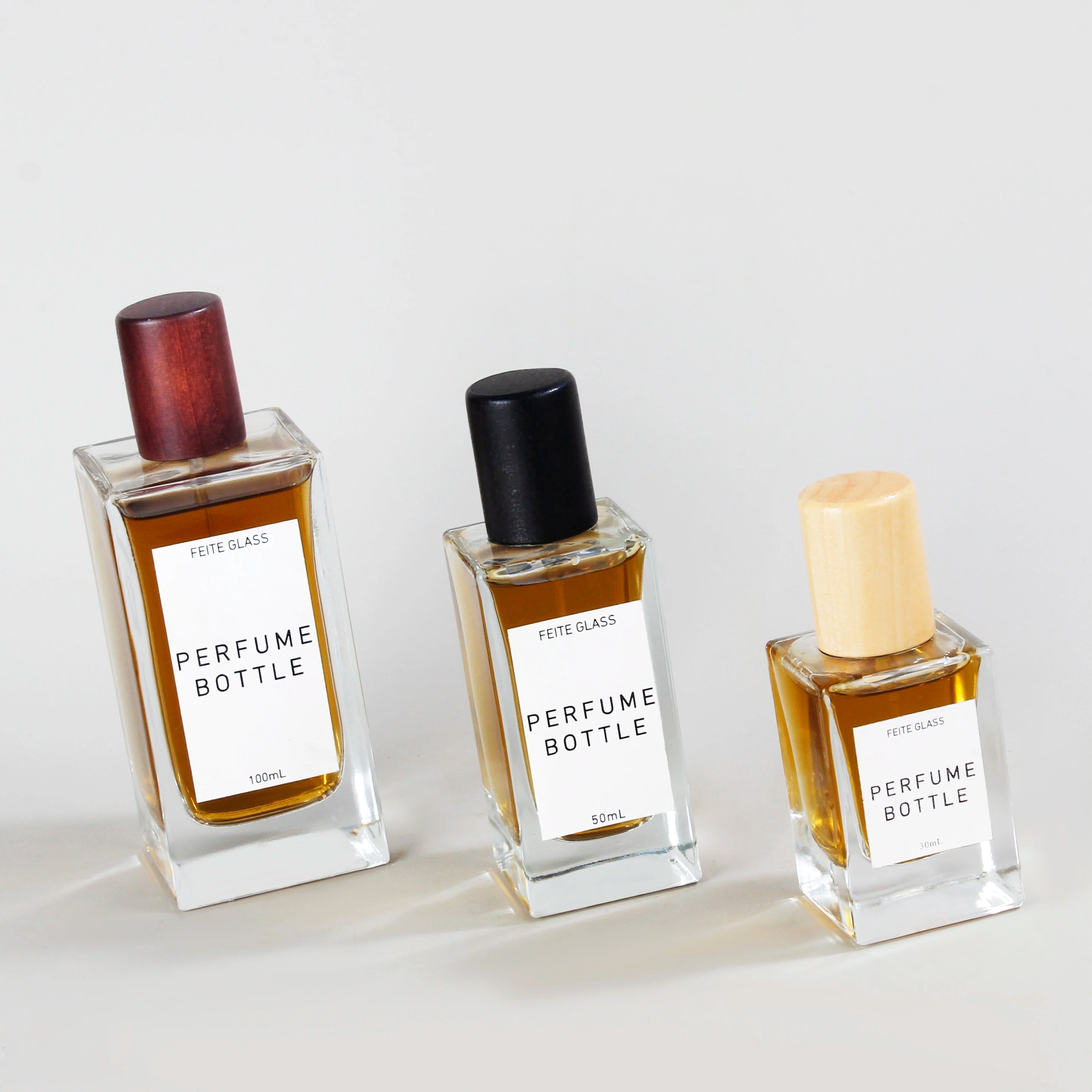 Custom Empty Square Cube Perfume Bottle 30ml 50ml 100ml Clear Wooden Cap Perfume Glass Bottles