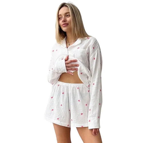 Heart Printed Two Piece Set Soft Loungewear Women's Homewear Pajamas Sleepwear Shirts