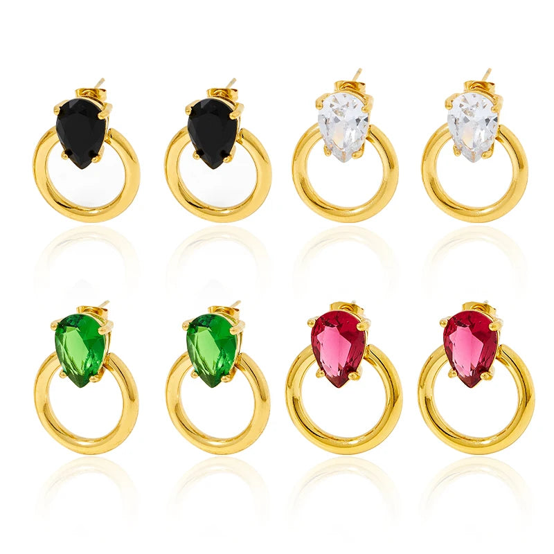 Waterdrop Emerald Earrings New Stainless Steel Round Earrings Crystal Zircon Earrings