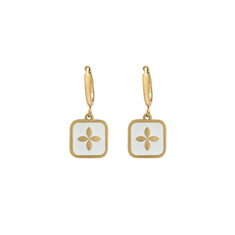 Latest 18K Gold Plated Stainless Steel Jewelry Four Leaf Clover White Epoxy Square Drop Trendy for Women Hoop Earrings E221456