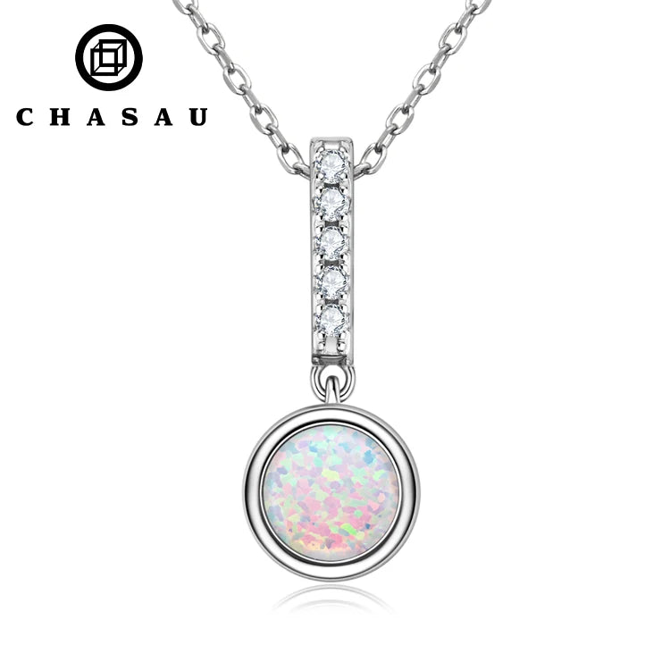 Fashion Synthetic Opal 925 Sterling Silver Round Cut Cut Bezel White 6mm Opal Long Pendant Necklace for Women
