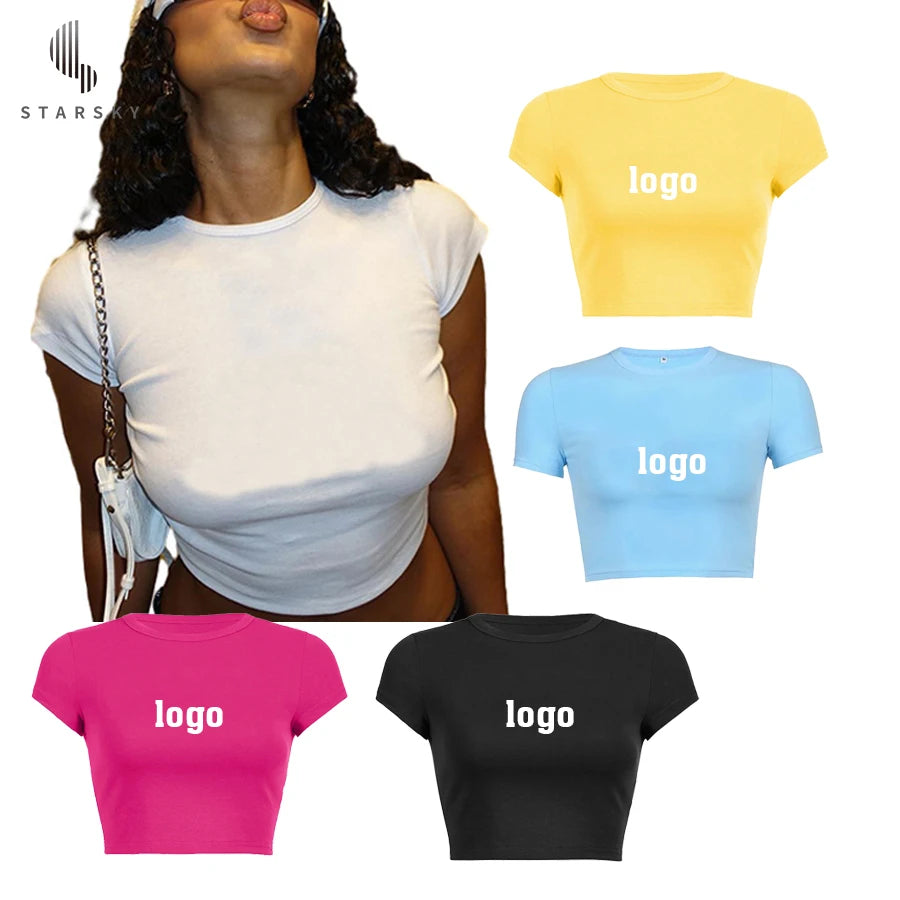 Custom Logo High Quality Y2K Crop Top Rhinestones Lady Plain Blank Short Sleeve Baby Tees Women Tshirt