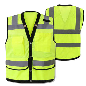 Custom Class 2 High Visibility Reflective Safety Vest Polyester Mesh Metal Snaps Multi-Pockets for Construction Airport
