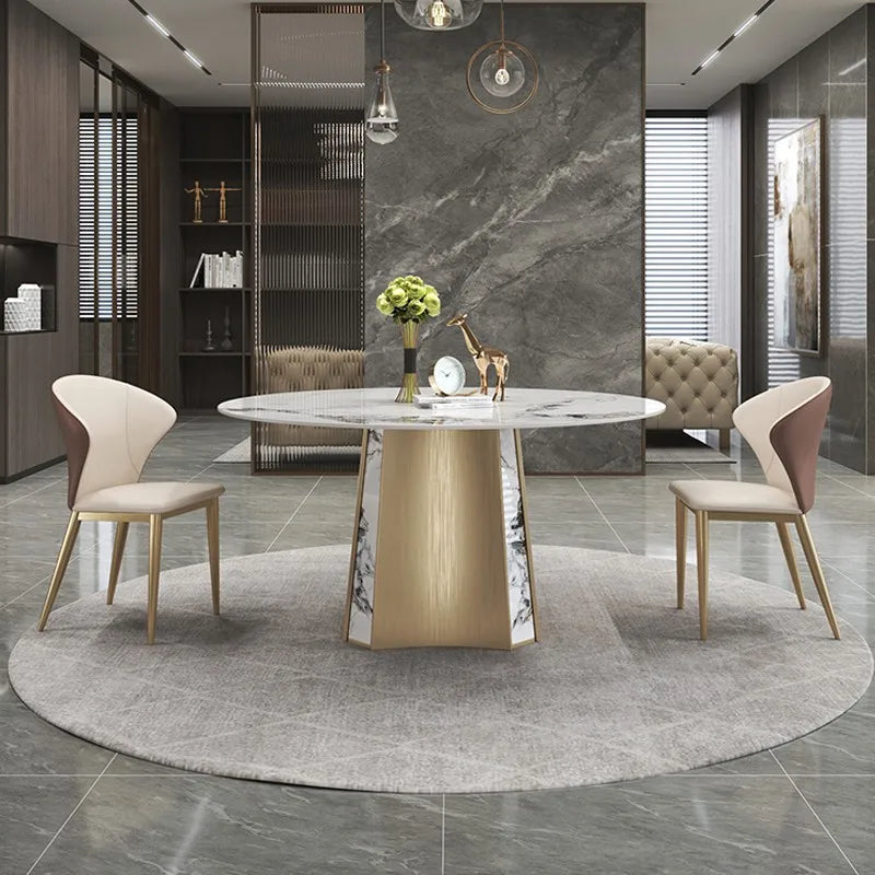 Popular Modern Italian Light Luxury Dining Table Round Marble Top and Chair Designs