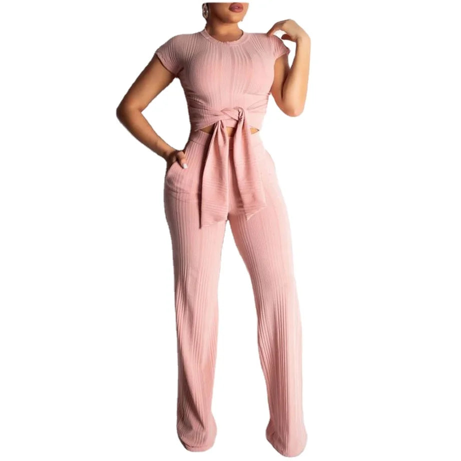 2022 Wholesale Solid Pattern Women's 2-Piece Shorts Sets Short Sleeves and Ankle-Length Pants with Lace Decoration MOQ 2pcs