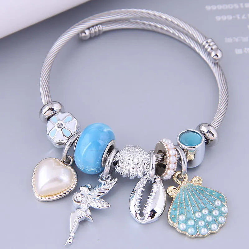 Good Quality Stainless Steel Fashion DIY Handmade Beaded love Angel Shell Pearl Bracelet Women's Bracelet