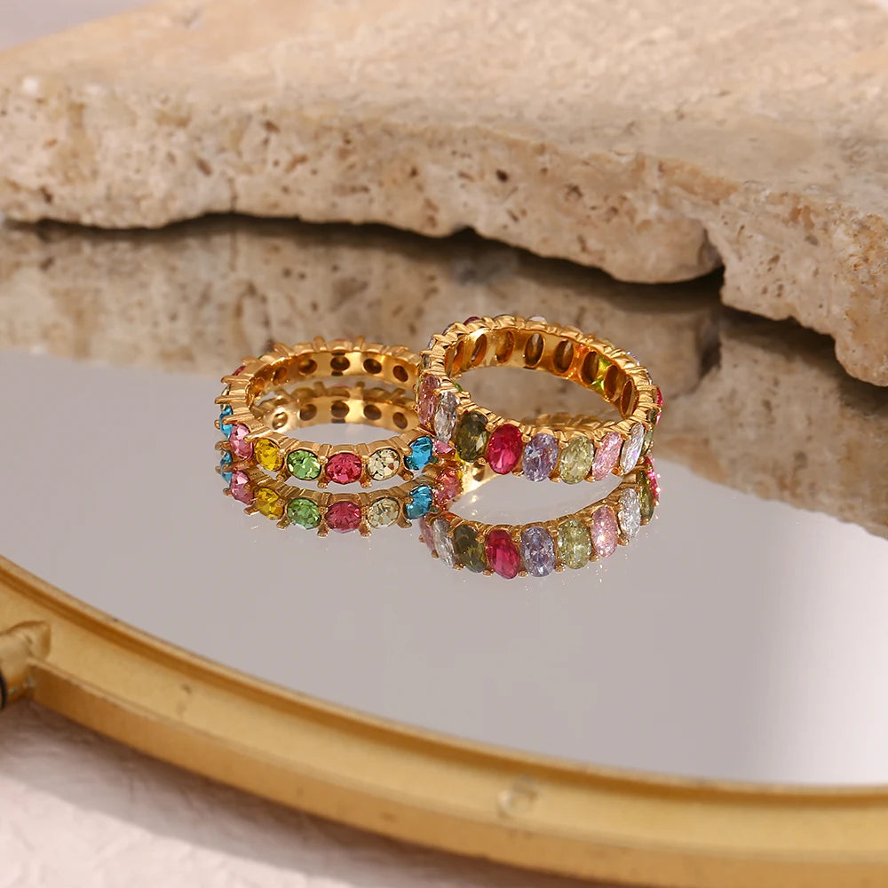 Waterproof Fashion Jewelry 18K Gold Plated Stainless Steel Colorful Crystal Diamond Cubic Zirconia Rings for Women Girls