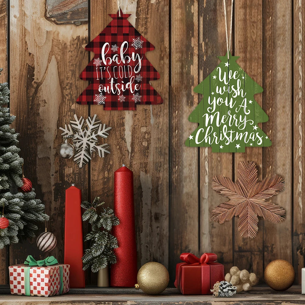 Putuo Decor Happy New Year Christmas Tree Shape Wooden Sign Hanging Plaque Craft Home  Christmas Tree Decor